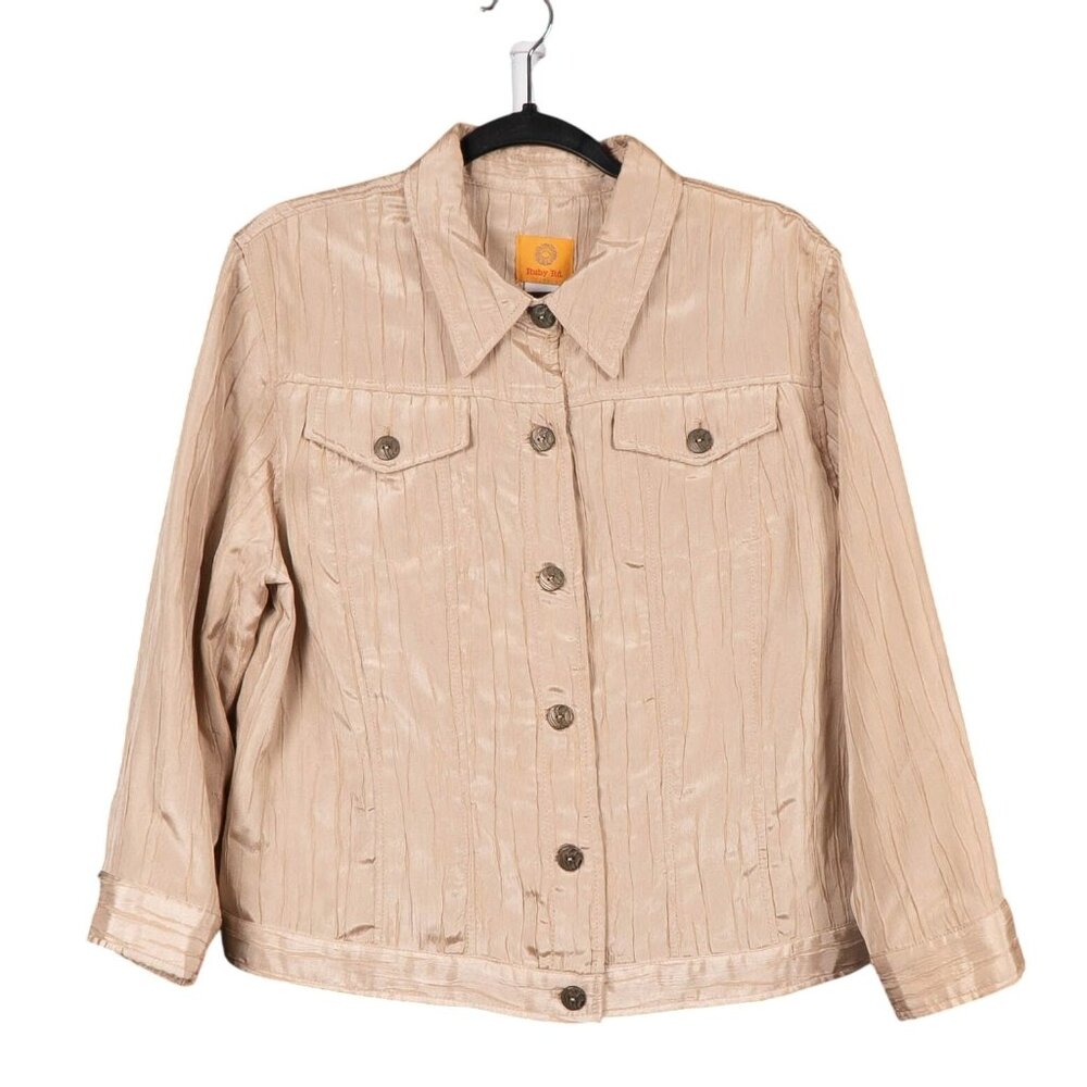 Ruby Rd Crinkle Jacket 16 Womens Beige Yellow Buttons Rayon Blend Pockets